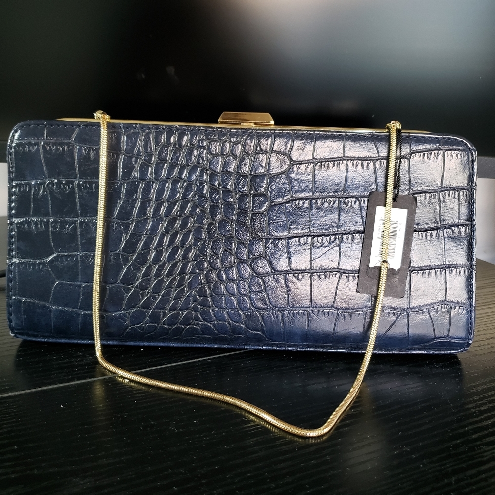 Brand new blue leather clutch/purse with silver chain